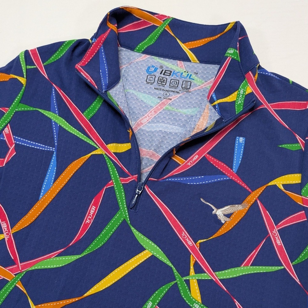 IBKUL Womens Small Ribbon Print UPF 50+ IceFil Quarter Zip Golf Polo Shirt Navy